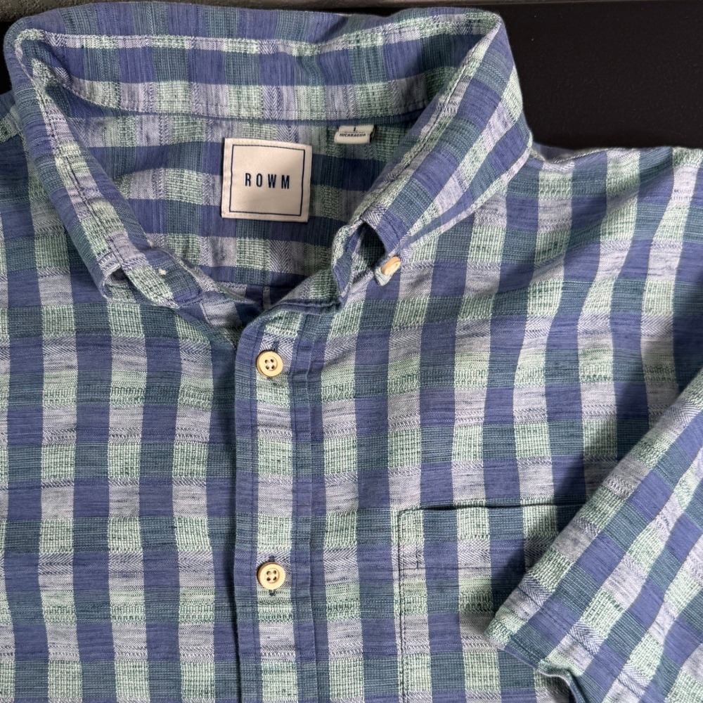 ROWM Mens Large Blue Green Plaid Short Sleeve Button Down Shirt Textured Cotton